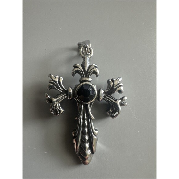 Cross Chain Pendant Double Sided Stone Viking Gothic Vintage Stainless Steel 24” - Picture 1 of 6